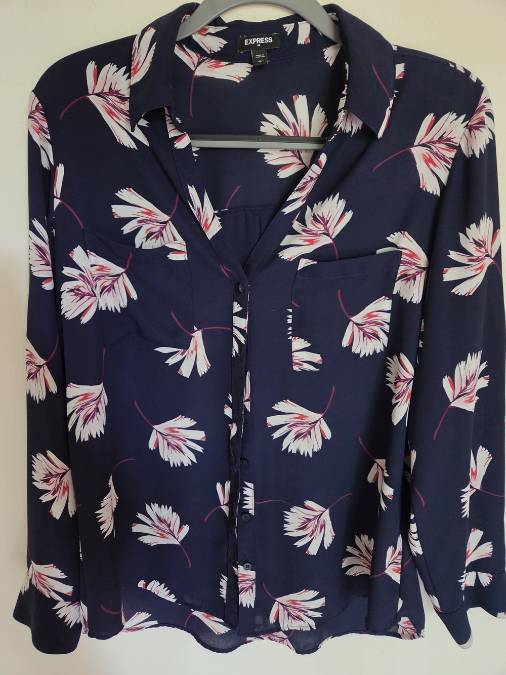Express Navy Button-Up Blouse with White and Pink Floral Print